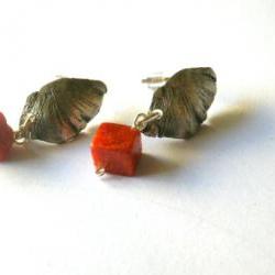 Coral Ear Studs Oxidised Sterling Silver Textured Petals Red-Lost wax method